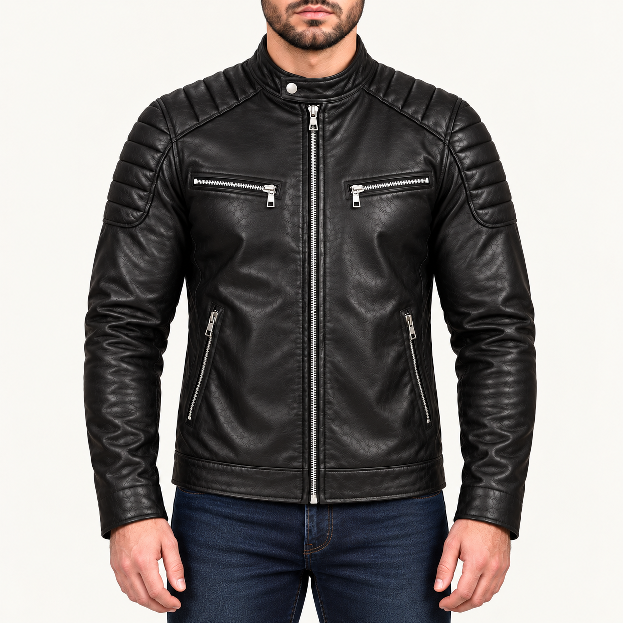 Men's Classic Black Quilted Leather Café Racer Jacket – Zippered Motorcycle Style Gallery